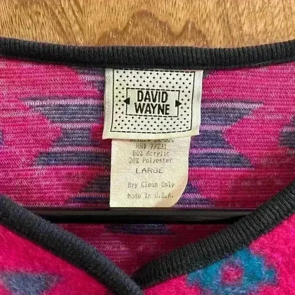 Vtg 80s David Wayne Neon Pink Aztec Southwest Print Cropped Fleece Cardigan Sz L - Picture 4 of 9